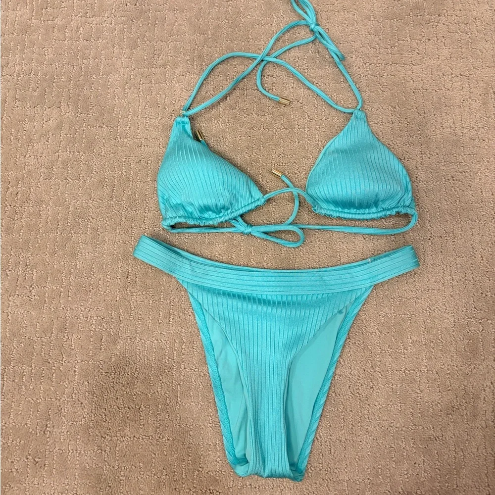 Monday Swimwear Turquoise Ribbed Triangle Bikini Set